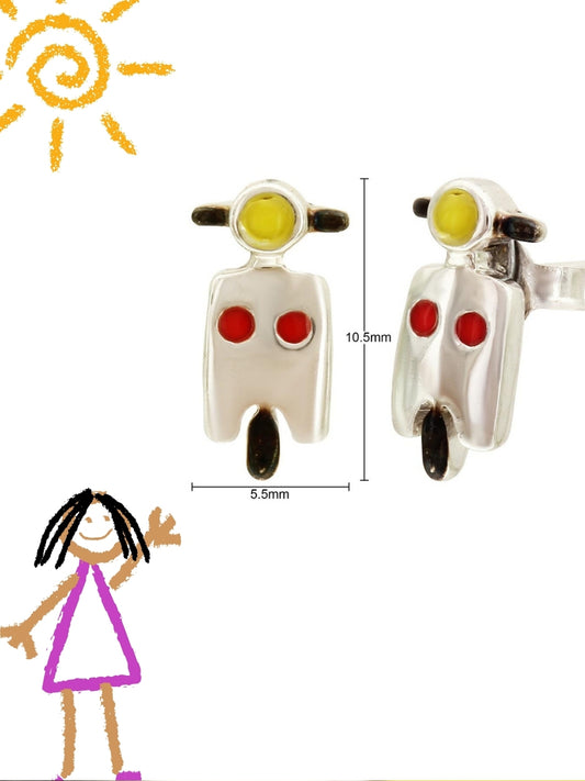 Vroom Vroom Scooty Studs by Naksa—yellow and red enamel scooter earrings in pure 925 silver with oxidized detail.