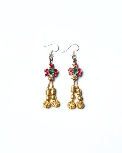 Petal Bud Drops handcrafted in 925 silver with gold-polished floral motif and delicate hanging drops in red and green stones