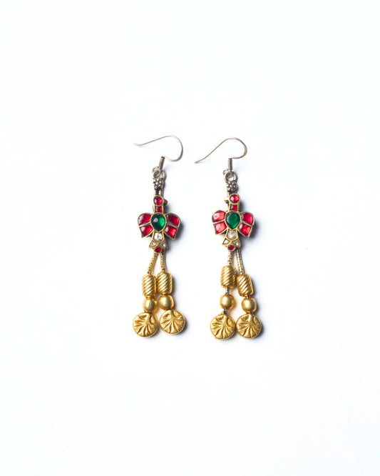 Petal Bud Drops handcrafted in 925 silver with gold-polished floral motif and delicate hanging drops in red and green stones