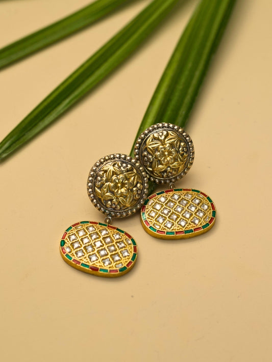 925 silver Surya Rekha Earrings with gold polish, two-tone carvings, and orange Kundan drops – Naksa heritage jewelry
