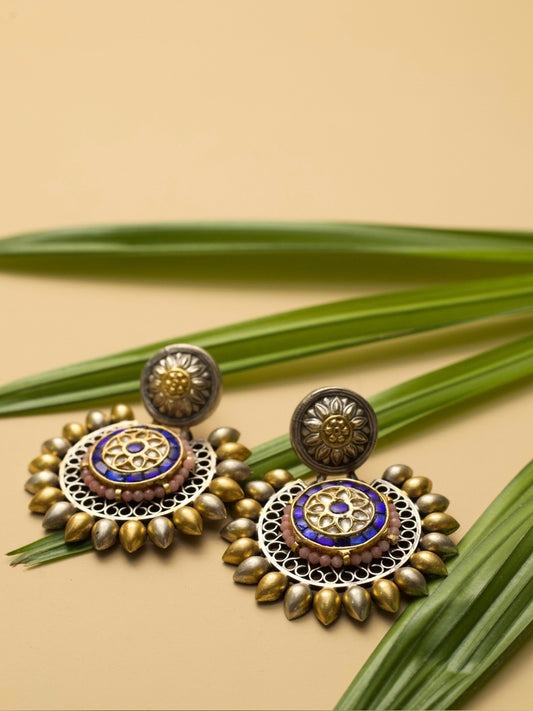 Naksa 925 silver Udaya Tara Earrings with gold-silver polish, festive blue stones, and pearl detailing – sun-inspired heritage design