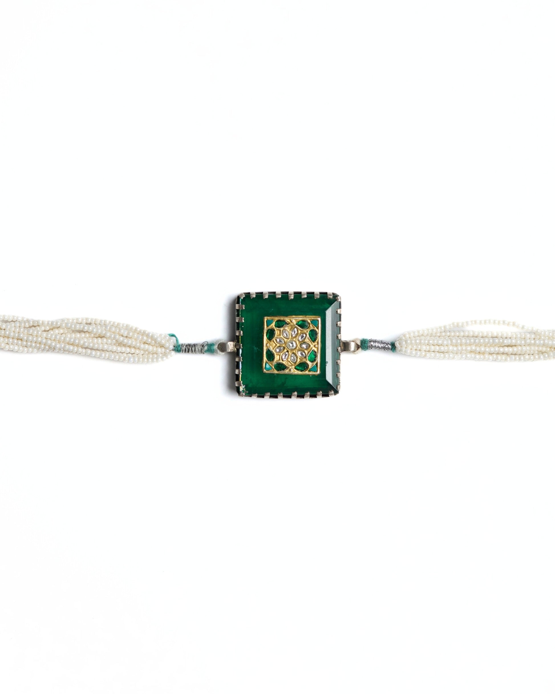 Square green enamel and kundan centre 925 silver choker with multi-strand pearl sides and silver frame detailing.