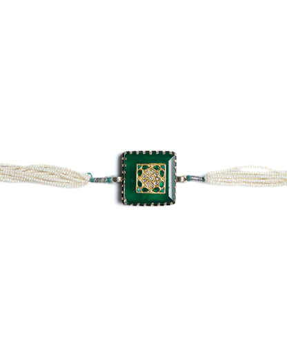 Square green enamel and kundan centre 925 silver choker with multi-strand pearl sides and silver frame detailing.