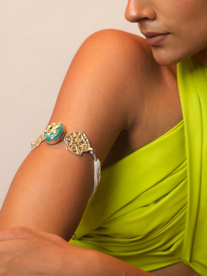 Model wearing Naksa’s Aqua Pop Choker in 92.5 silver, with turquoise enamel, floral jaali motifs, and pearl thread closure