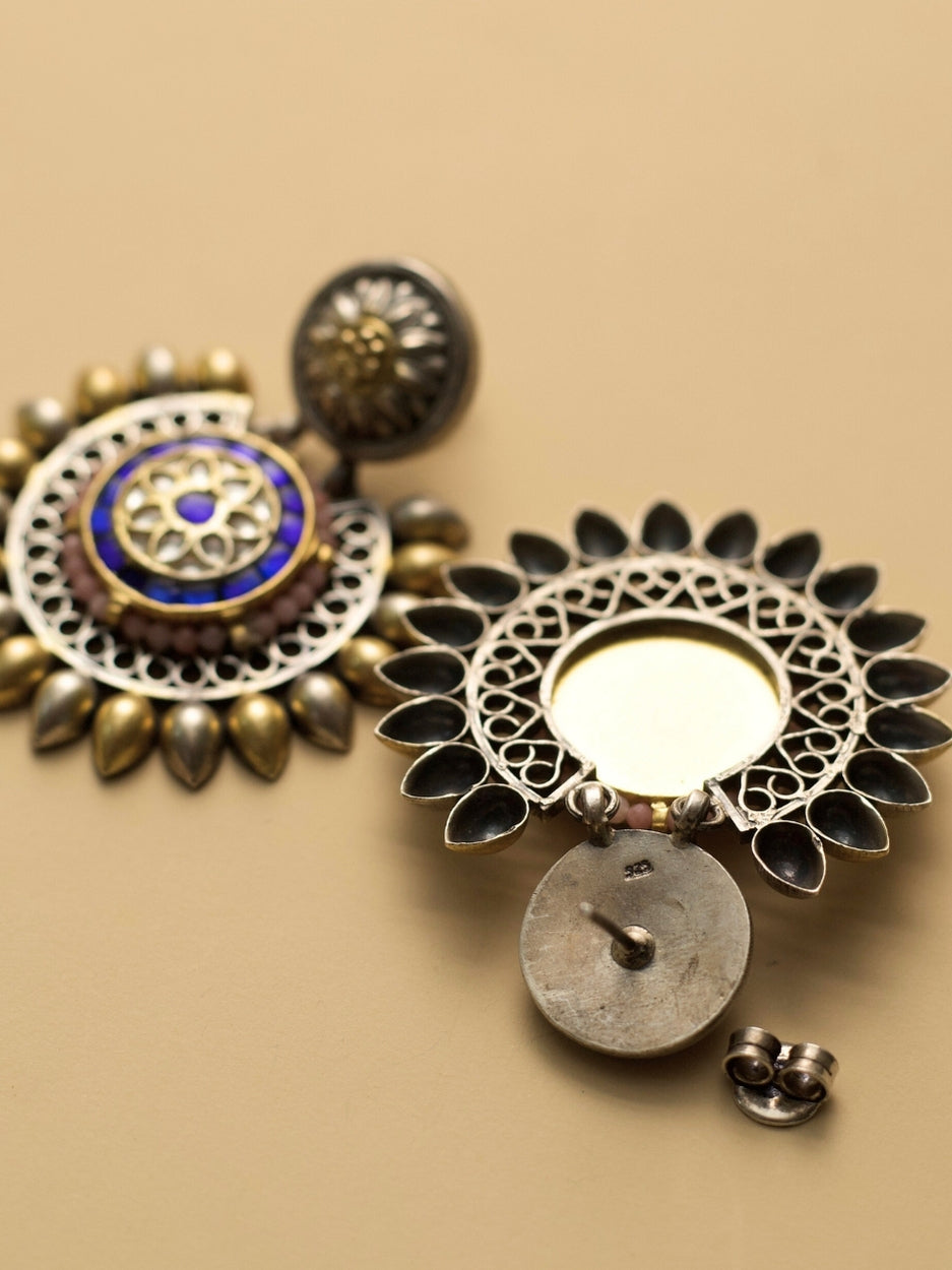Naksa 925 silver Udaya Tara Earrings with gold-silver polish, festive blue stones, and pearl detailing – sun-inspired heritage design