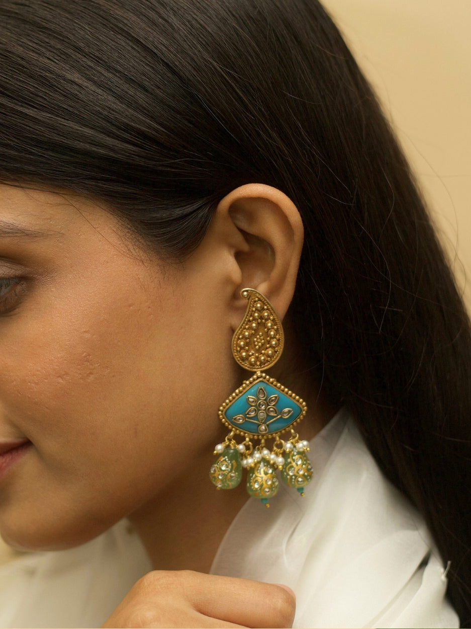 Naksa 925 silver Rain Earrings with golden polish, ferozi and green kundan stones, inspired by raindrops and monsoon beauty