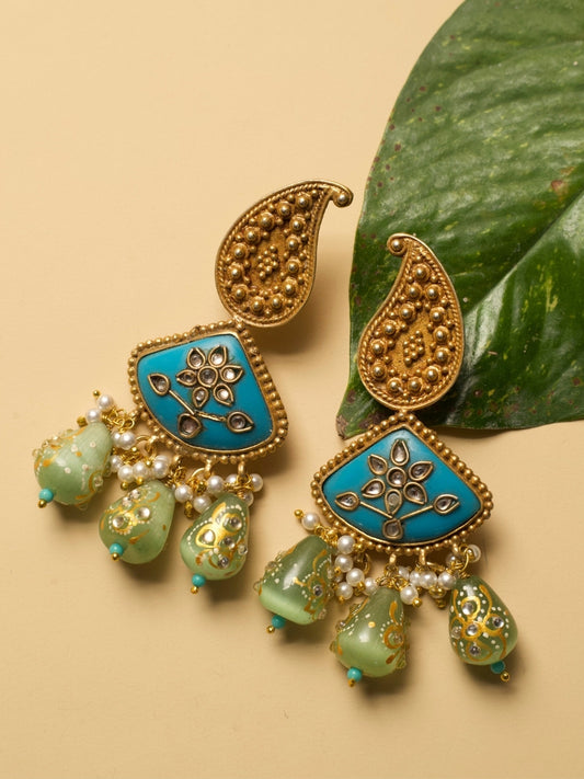 Naksa 925 silver Rain Earrings with golden polish, ferozi and green kundan stones, inspired by raindrops and monsoon beauty