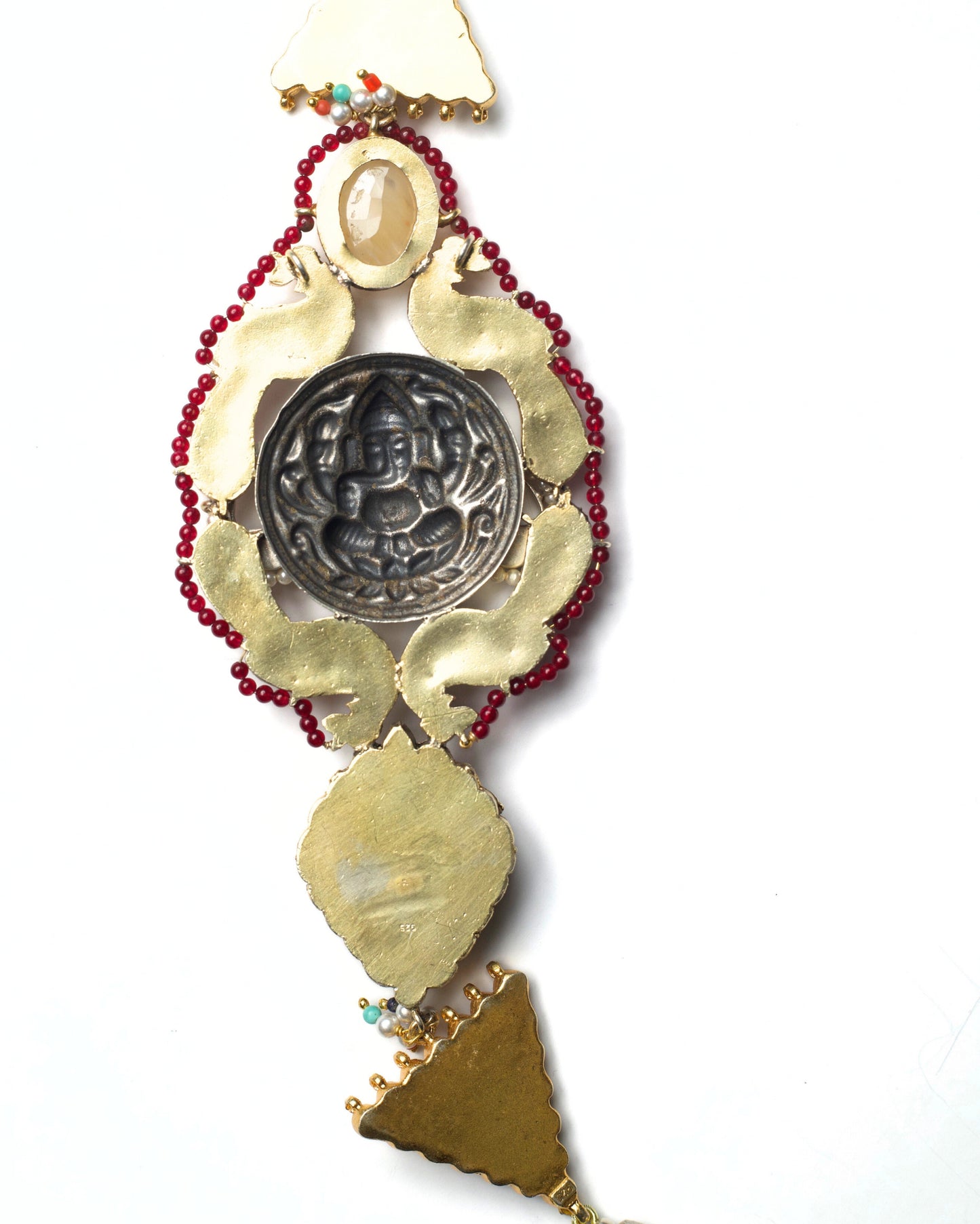 Back of Contemporary heirloom silver necklace with handworked kundan elements