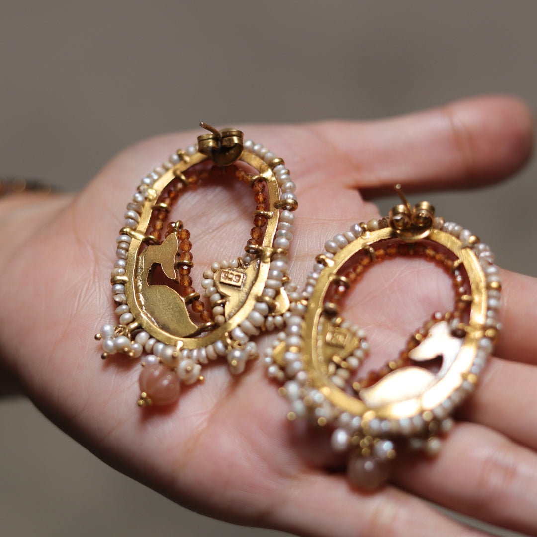 Gold-polished 925 silver hoops featuring a peacock design with green stones and beads, perfect for traditional or versatile wedding styling