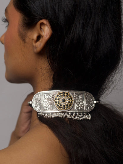 Hand-engraved 92.5 silver choker with floral motif, black enamel centre, kundan detailing, and pearl fringe – The Floral Vault Choker by Naksa